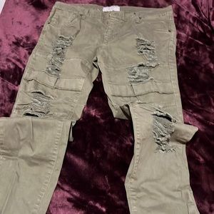 Men olive color ripped skinny stretch jeans size 36 by 34